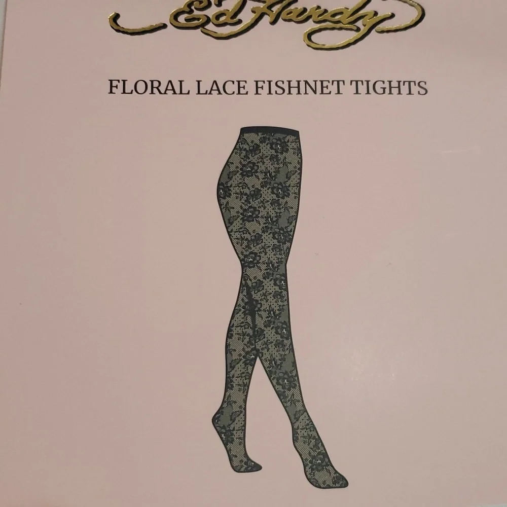 Ed‎ Hardy black floral lace fishnet tights stockings pantyhose size XS/S 1 pair